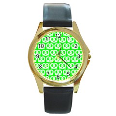 Neon Green Pretzel Illustrations Pattern Round Gold Metal Watches by GardenOfOphir