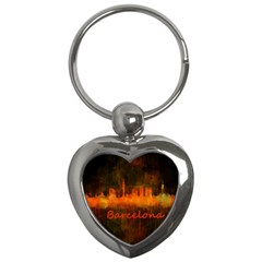 Barcelona City Dark Watercolor Skyline Key Chains (heart)  by hqphoto