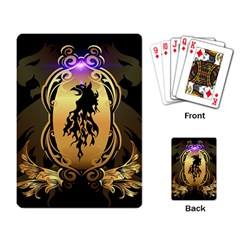 Lion Silhouette With Flame On Golden Shield Playing Card by FantasyWorld7