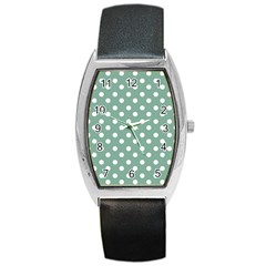 Mint Green Polka Dots Barrel Metal Watches by GardenOfOphir