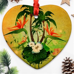 Tropical Design With Flowers And Palm Trees Ornament (heart)  by FantasyWorld7