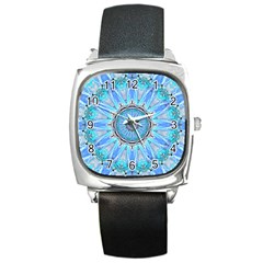 Sapphire Ice Flame, Light Bright Crystal Wheel Square Metal Watch by DianeClancy