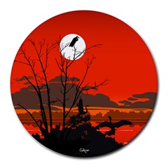 Tropical Birds Orange Sunset Landscape Round Mousepads by WaltCurleeArt