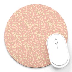 Girly Pink Leaves And Swirls Ornamental Background Round Mousepads