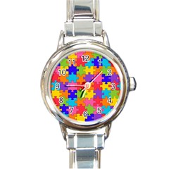 Funny Colorful Puzzle Pieces Round Italian Charm Watch by yoursparklingshop