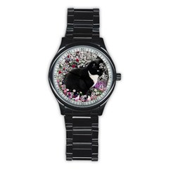 Freckles In Flowers Ii, Black White Tux Cat Stainless Steel Round Watch by DianeClancy