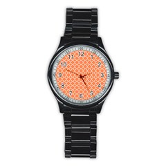 Tangerine Orange Quatrefoil Pattern Stainless Steel Round Watch by Zandiepants