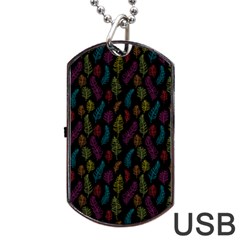 Whimsical Feather Pattern, Bright Pink Red Blue Green Yellow, Dog Tag Usb Flash (one Side) by Zandiepants