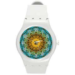 Blue Yellow Ocean Star Flower Mandala Round Plastic Sport Watch (m) by Zandiepants