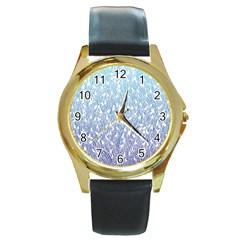 Blue Ombre Feather Pattern, White, Round Gold Metal Watch by Zandiepants