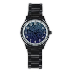 Blue Ombre Feather Pattern, Black, Stainless Steel Round Watch by Zandiepants