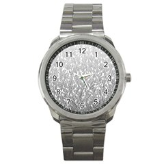 Grey Ombre Feather Pattern, White, Sport Metal Watch by Zandiepants