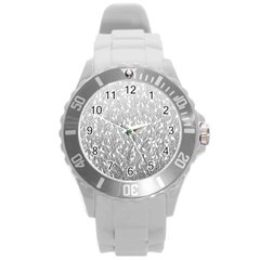 Grey Ombre Feather Pattern, White, Round Plastic Sport Watch (l) by Zandiepants