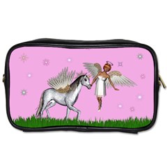 Unicorn And Fairy In A Grass Field And Sparkles Travel Toiletry Bag (two Sides) by goldenjackal