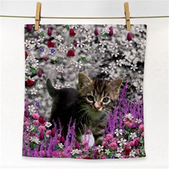 Emma In Flowers I, Little Gray Tabby Kitty Cat Face Towel by DianeClancy