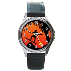 Man Surfing At Sunset Graphic Illustration Round Metal Watch