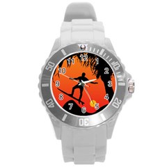 Man Surfing At Sunset Graphic Illustration Round Plastic Sport Watch (l)