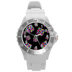 Flying  Colorful Cubes Round Plastic Sport Watch (l)