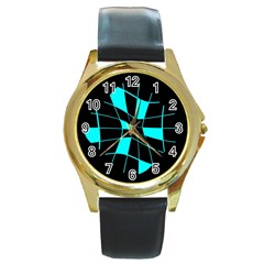 Blue Abstract Flower Round Gold Metal Watch