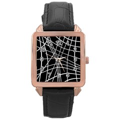 Black And White Elegant Lines Rose Gold Leather Watch  by Valentinaart