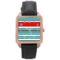 Blue, Red, And White Lines Rose Gold Leather Watch  by Valentinaart