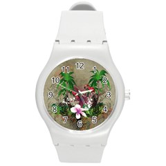 Wonderful Tropical Design With Palm And Flamingo Round Plastic Sport Watch (m)