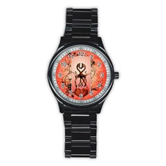 Cute Giraffe In Love With Heart And Floral Elements Stainless Steel Round Watch by FantasyWorld7