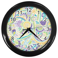 Purple, Green, Yellow Hippie Flowers Pattern, Zz0104 Wall Clock (black)