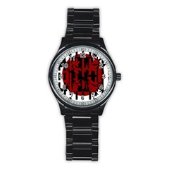 Red, Black And White Decorative Abstraction Stainless Steel Round Watch