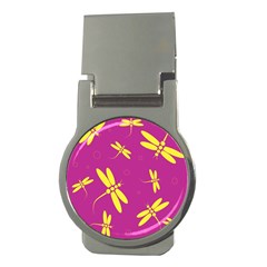 Purple And Yellow Dragonflies Pattern Money Clips (round)  by Valentinaart