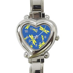 Blue And Yellow Dragonflies Pattern Heart Italian Charm Watch