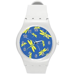 Blue And Yellow Dragonflies Pattern Round Plastic Sport Watch (m) by Valentinaart