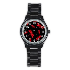 Red, Black And White Dragonflies Stainless Steel Round Watch