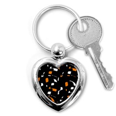 Orange, Black And White Pattern Key Chains (heart)  by Valentinaart