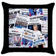 Hillary 2016 Historic Newspaper Collage Throw Pillow Case (black) by blueamerica