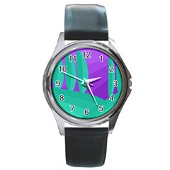 Purple And Green Landscape Round Metal Watch