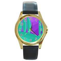 Purple And Green Landscape Round Gold Metal Watch