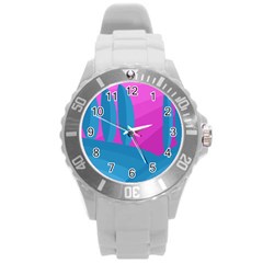 Pink And Blue Landscape Round Plastic Sport Watch (l)