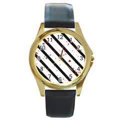 Elegant Black, Red And White Lines Round Gold Metal Watch