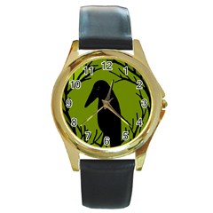 Halloween Raven - Green Round Gold Metal Watch by Valentinaart