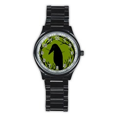 Halloween Raven - Green Stainless Steel Round Watch