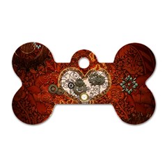 Steampunk, Wonderful Heart With Clocks And Gears On Red Background Dog Tag Bone (two Sides)