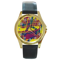 Yellow High Art Abstraction Round Gold Metal Watch