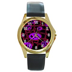 Purple And Red Abstraction Round Gold Metal Watch