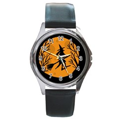 Halloween Witch - Orange Moon Round Metal Watch