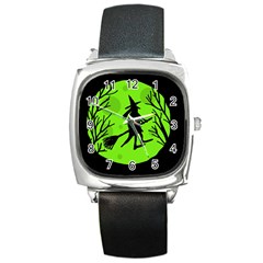 Halloween Witch - Green Moon Square Metal Watch