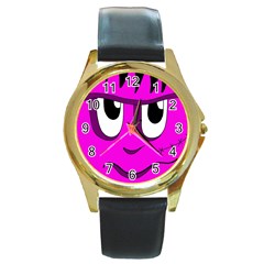 Halloween - Pink Frankenstein Round Gold Metal Watch by Valentinaart