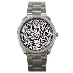 Red, Black And White Elegant Pattern Sport Metal Watch by Valentinaart