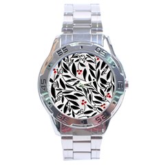 Red, Black And White Elegant Pattern Stainless Steel Analogue Watch by Valentinaart