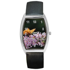 Butterfly Sitting On Flowers Barrel Style Metal Watch